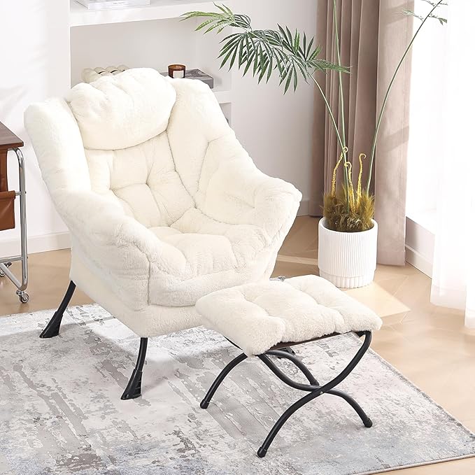 Lazy Chair with Ottoman, Modern Accent Lounge Armchair with Side Pocket & Foldable Footstool, Leisure Reading Chair for Living Room, Bedroom, Dorm & Office, Plush Beige
