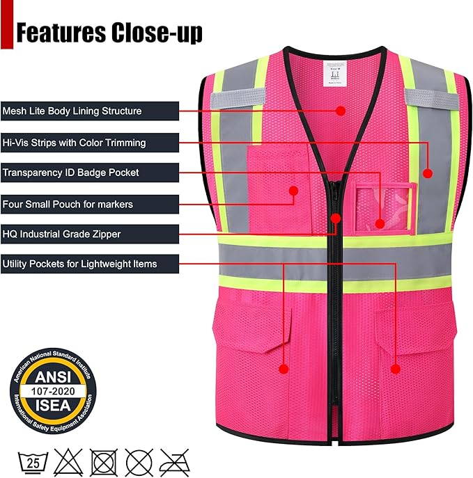 Reflective Safety Vest for Men Women Hi Vis Vest with Pockets High Visibility Vest Mesh Construction Vests Meets ANSI/ISEA Standards (Pink-33, 2X-Large)