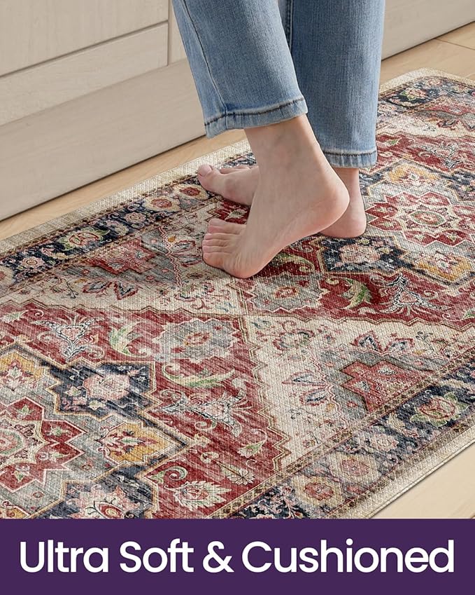 DEXI Kitchen Floor Mats Anti Fatigue, 23x86 Large Long Cushioned Vintage Runner Rug Waterproof, Standing Comfort Memory Foam Padded for Front Sink Laundry Office, Beige and Red