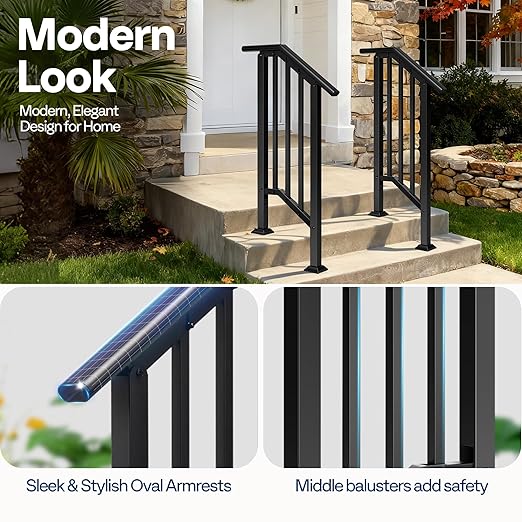 VIVOHOME 2-Pack 2 Step Galvanized Steel Hand Rails for Outdoor Steps – Black Oval and Safety Balusters Exterior Railing for Porch, Deck, or Indoor Stairs, Complete Installation Kit
