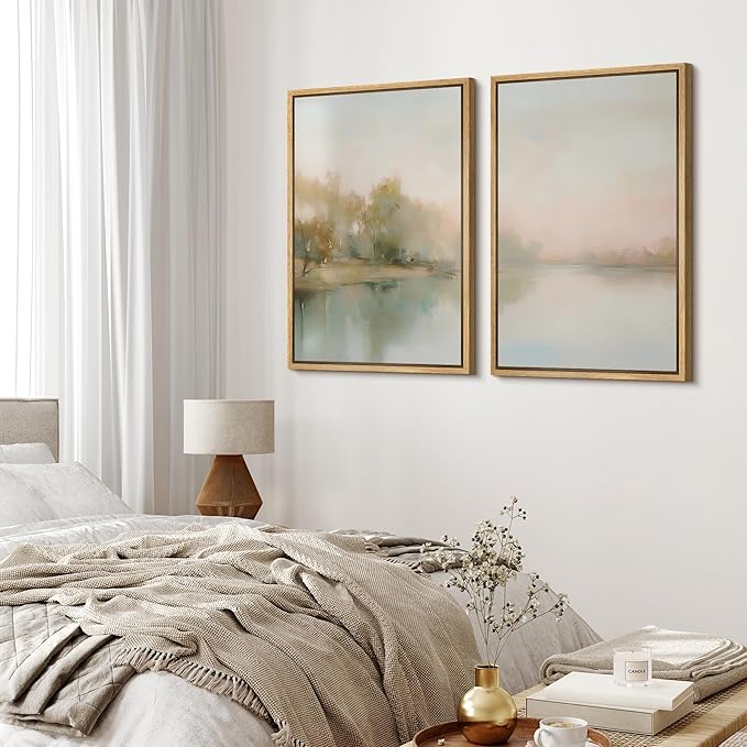 MUDECOR Framed Canvas Print Wall Art Tranquil Reflection Serene River Landscape Illustrations Modern Art Decorative Bohemian Chic for Living Room, Bedroom, Office - 16"x24"x2 Natural