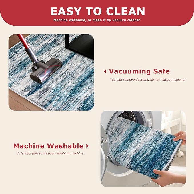 KOZYFLY Round Washable Rugs 6Ft Modern Abstract Ombre Rug for Bedroom, Washable Circle Rug Non-Slip Soft Striped Living Room Area Rug, Print Blue Carpet for Laundry Nursery