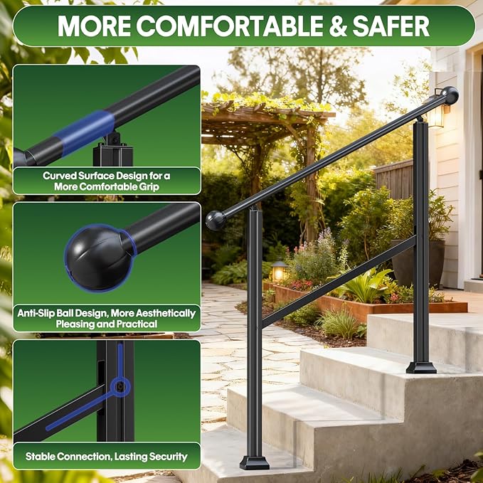 3-Step Outdoor Stair Handrail Kit, Heavy Duty Aluminum Alloy Adjustable Height with Powder Coated Black Metal Finish Complete Installation Hardware & Tools Included for Concrete Porch Deck Brick