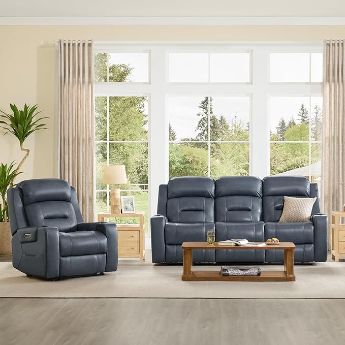 Watson & Whitely Genuine Leather Power Recliner Chairs for Adults, Lay Flat Recliner with Power Headrest, USB Ports and Cup Holders, Electric Reclining Sofa for Living Room, Bedroom, Navy