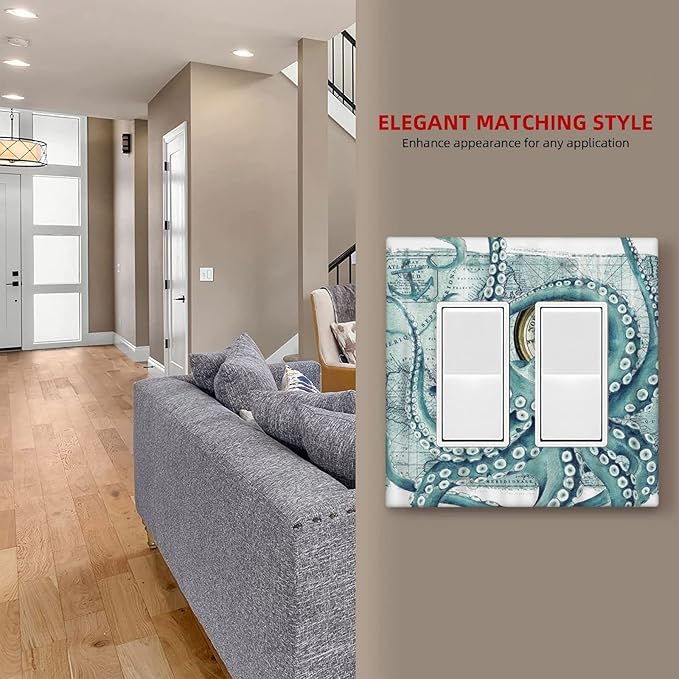 Outlet Covers Vintage Nautical Octopus Eyes Funny Ocean Kraken Double Rocker/Decora Light Switch Covers Decorative 2 Gang Wall Plate Compass Pirate Map Gfci Electrical Switchplate for Bathroom