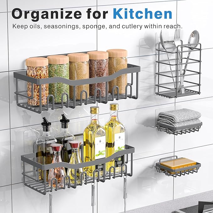 EUDELE 5-Pack Rustproof Stainless Steel Shower Caddy – No Drill Adhesive Bathroom Organizer with Large Capacity, Spacious Shower Shelves for Inside Shower, Kitchen & Home Decor Storage-XL Size