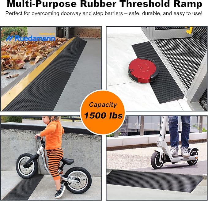 Ruedamann 0.8" Rise Threshold Ramp for Doorways, Sturdy Rubber Threshold Ramp, Non-Slip Power Door Ramps for Wheelchairs is Adjustable and Cuttable for Doorways,Curb, Scooters, Driveways