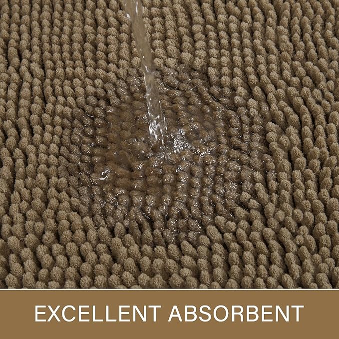 LOCHAS Luxury Bathroom Rug Shaggy Bath Mat 24 x 60 Inch, Washable Non Slip Bath Rugs for Bathroom Shower, Soft Plush Chenille Absorbent Carpets Mats, Tan
