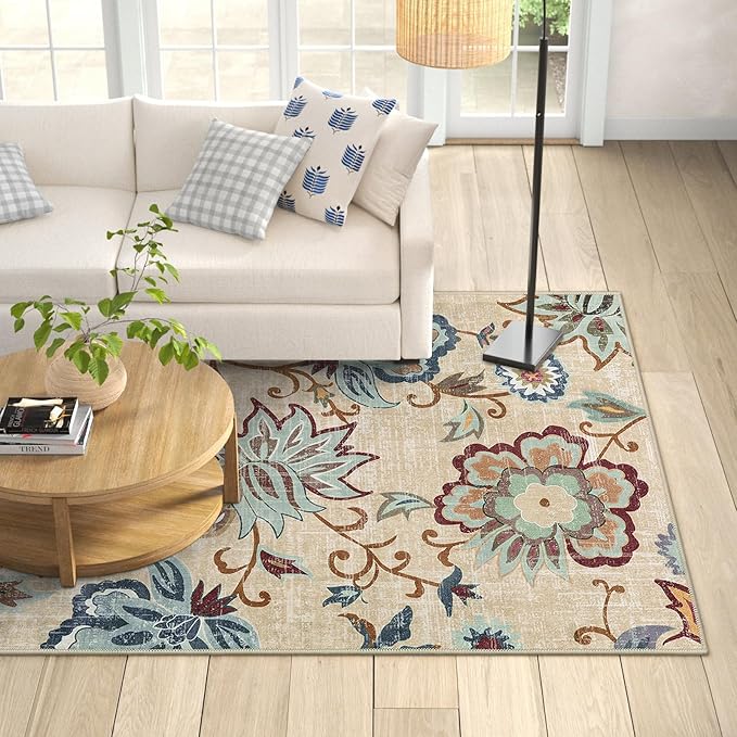 Beeiva Floral Bedroom Rugs, 4x6 Rug with Rubber Backing Ultra Thin Vintage Washable Rugs Foldable Carpets for Living Room Rug Paisley Print Beige Rug for Entryway Bathroom Office