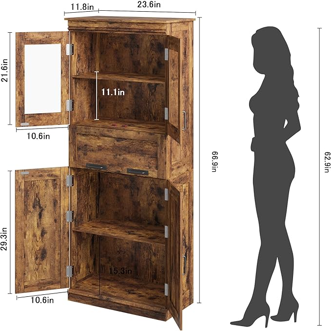 GarveeHome 67" Tall Bathroom Cabinet with 4 Doors & Flip Glass Drawer, Storage Cabinet with Adjustable Shelves, Freestanding Organizer for Kitchen, Living Room (Rustic Brown)
