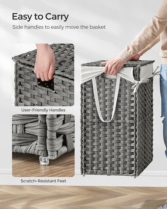 SONGMICS Laundry Hamper with Lid, 23.8 Gallon (90 L) Synthetic Rattan Clothes Laundry Basket with Lid and Handles, Foldable, Removable Liner, Dove Gray ULCB51WG