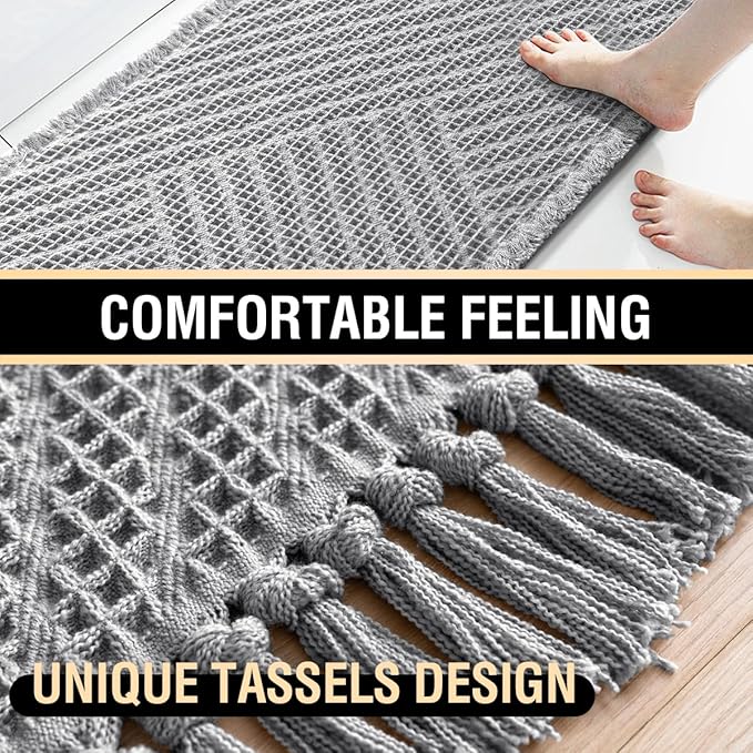 H.VERSAILTEX Waffle Bath Runner Rug Long Bath Mat Super Absorbent Boho Bath Rugs Non Slip Bath Runner for Bathroom Floor Machine Washable Dry Fast Bathroom Rugs with Tassels, 24" x 60", Dove