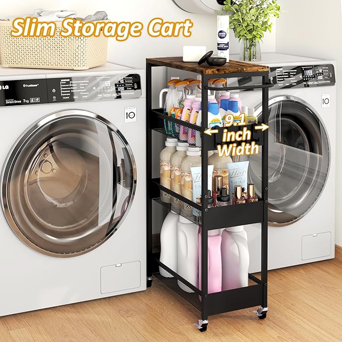 Slim Rolling Storage Cart, 4 Tier Metal Narrow Utility Cart with Handle and Wood Top, Multifunctional Small Mobile Shelf Unit Organizer Trolley for Laundry, Bathroom, Kitchen