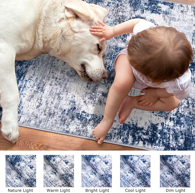 Modern Abstract Entryway Rug Indoor 2x3 Washable Non-Slip, Soft Grey Navy Blue Rug, Small Area Rug Kitchen Mat Thin Print Faux Wool Floor Carpet for Entrance Bedroom Office
