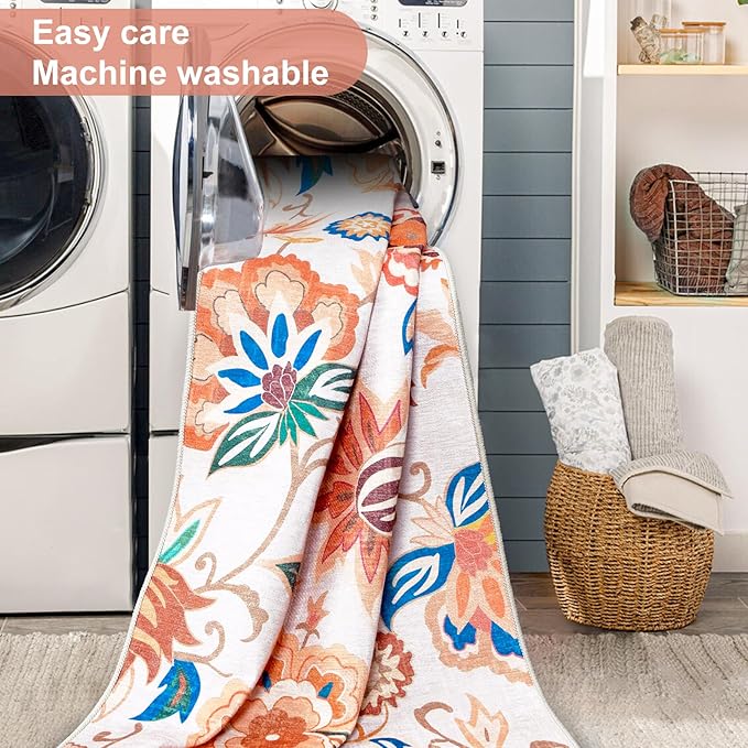 Beeiva Floral Entry Way Rugs Indoor Washable, Ultra Thin 2x3 Throw Rug Non Slip for Kitchen, Soft Paisley Mat Carpet for Bedroom Entrance Bathroom (Beige,2'x3')