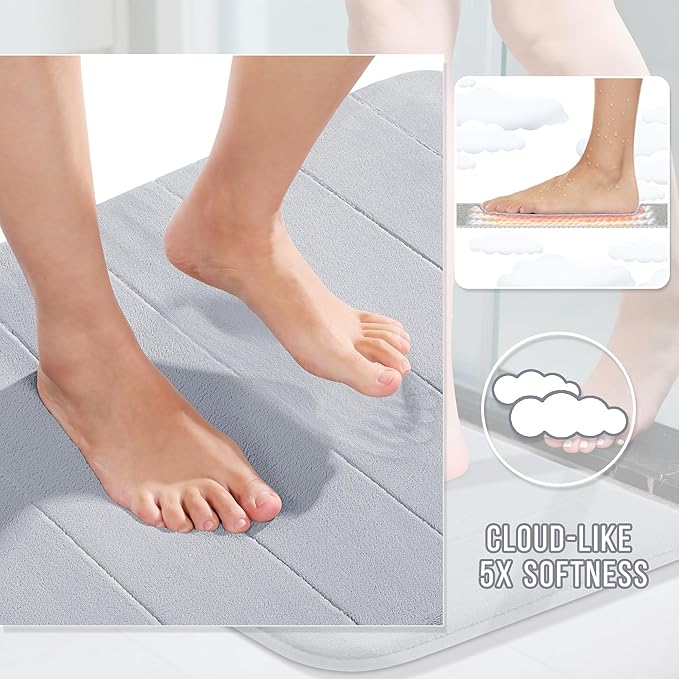 Yimobra Memory Foam Bath Mat Set 3 Pieces- Super Soft Absorbent Quick Dry Bathroom Rug Sets, Machine Washable Non Slip Floor Carpet for Tub Shower, Vanity & Toilet Base, Silver
