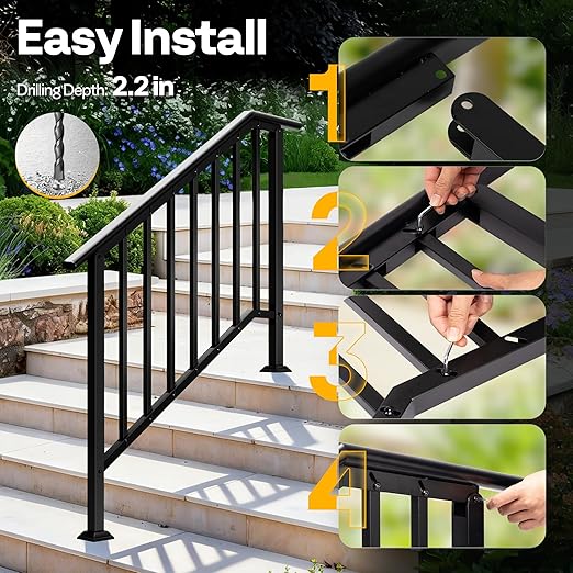 VIVOHOME 2-Pack 4 Step Galvanized Steel Hand Rails for Outdoor Steps – Black Oval and Safety Balusters Exterior Railing for Porch, Deck, or Indoor Stairs, Complete Installation Kit