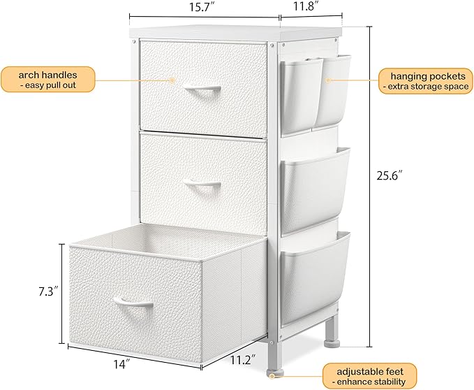 EnHomee Tall Nightstand, Night Stand with Drawers for Bedroom, Bedside Table with Wooden Top, Sturdy Steel Frame End Table, Dorm Nightstand for Bedroom, Entryway, Hallway, Closet, Cloth Bags,White