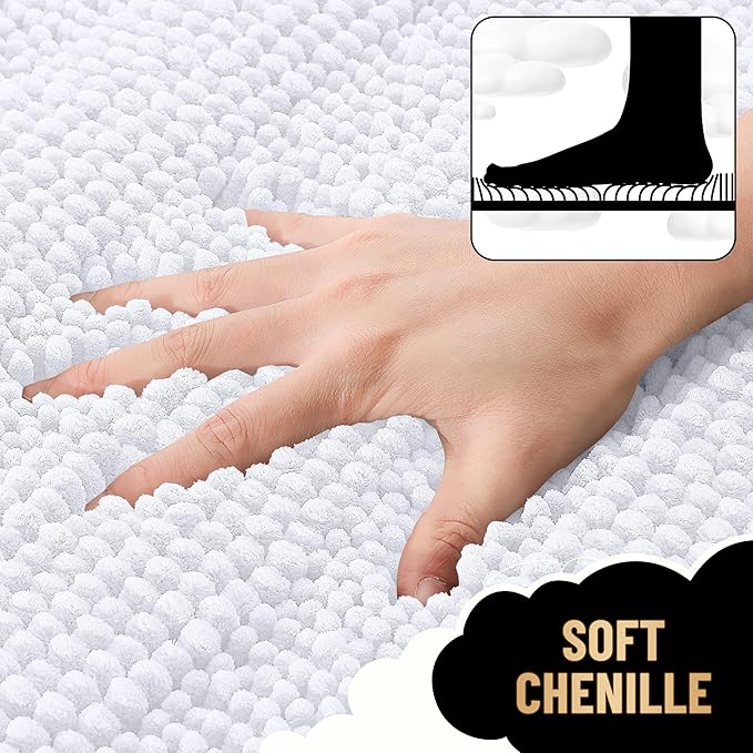 OLANLY Thick Bathroom Rugs 36x24, Extra Soft Absorbent Chenille Striped Bath Rugs, Rubber Backing, Machine Wash Dry, Bath Mats for Bathroom Floor, Tub and Shower, Home Decor Accessories, White