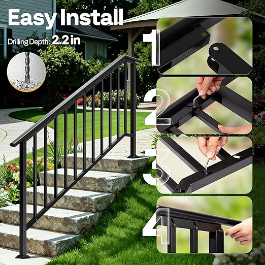 VIVOHOME 2-Pack 6 Step Galvanized Steel Hand Rails for Outdoor Steps – Black Oval and Safety Balusters Exterior Railing for Porch, Deck, or Indoor Stairs, Complete Installation Kit