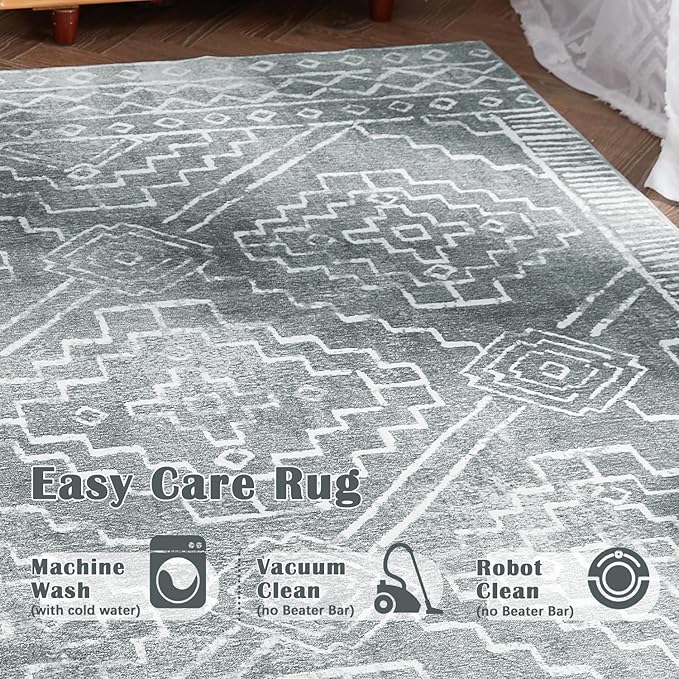 jinchan Moroccan 4x6 Area Rugs for Bedroom - Machine Washable Soft Modern Geometric Stain Resistant Non-Slip Ultra-Thin Low-Pile Faux Wool Carpet for Living Room Kitchen Dining Room (4x6ft, Dark Grey)