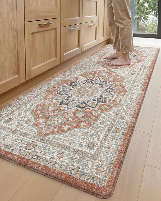 DEXI Kitchen Floor Mats Anti Fatigue, 23x86 Large Long Cushioned Vintage Runner Rug Waterproof, Standing Comfort Memory Foam Padded for Front Sink Laundry Office, Orange and White