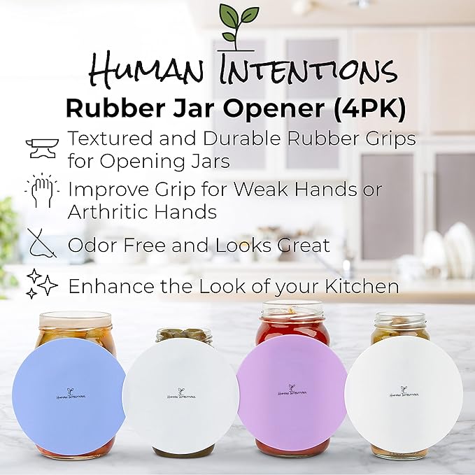 Jar Opener (4PK) - Rubber Jar Gripper for Weak Hands - Bottle Opener for Arthritic Hands - Jar/Lid Opener Gripper Pad - Non Tear - Coaster - Trivet