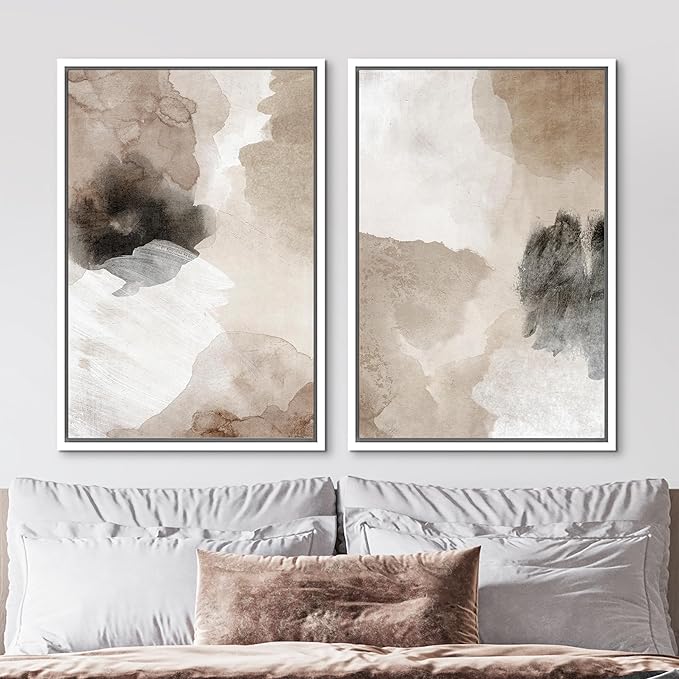 MUDECOR Framed Canvas Print Wall Art Watercolor Brown White Black Collage Abstract Shape Illustrations Modern Art Decorative Bohemian Colorful Chic for Living Room, Bedroom, Office - 24"x36"x2 White