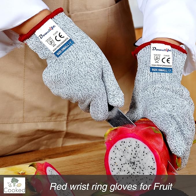 Dowellife Cut Resistant Gloves Food Grade Level 5 Protection, Safety Kitchen Cuts Gloves for Oyster Shucking, Fish Fillet Processing, Mandolin Slicing, Meat Cutting and Wood Carving. (Medium-2 Pairs)