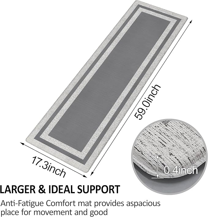 Kitchen Mats Cushioned Anti Fatigue Kitchen Mats for Floor Waterproof Non-Skid Ergonomic Comfort Memory Foam Rugs Kitchen Runner Rug for Kitchen, Home, Office, Sink, Stove 17.3"x59" Grey