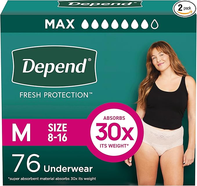 Depend Fresh Protection Adult Diapers, Incontinence & Postpartum Bladder Leak Underwear for Women, Disposable, Maximum, Medium, Blush, 76 Count (2 Packs of 38), Packaging May Vary