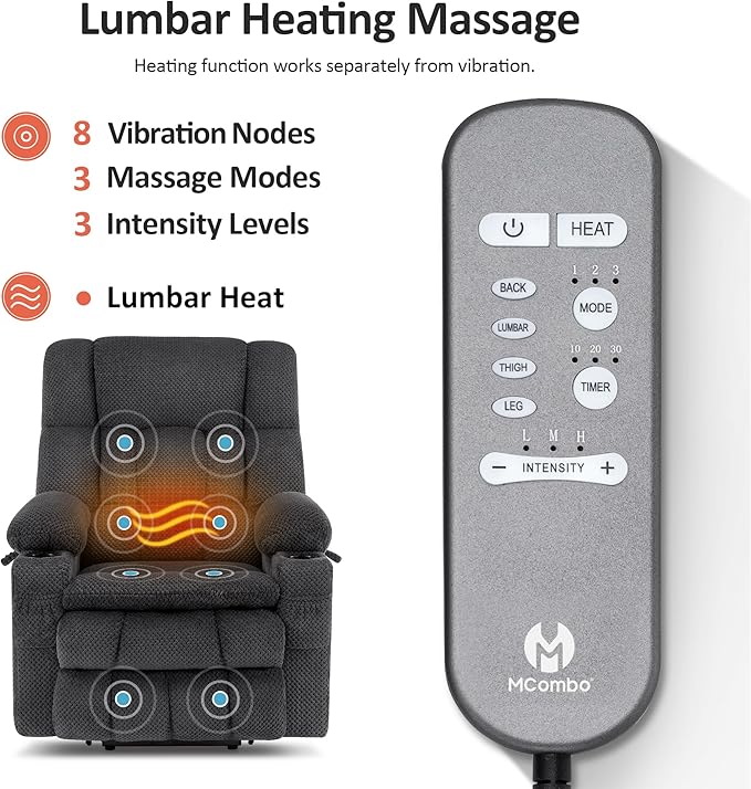 MCombo Dual Motor Power Lift Recliner Chair with Massage and Heat for Elderly People, Infinite Position, USB Ports, Cup Holders, Fabric 7890 (Medium, Dark Gray)
