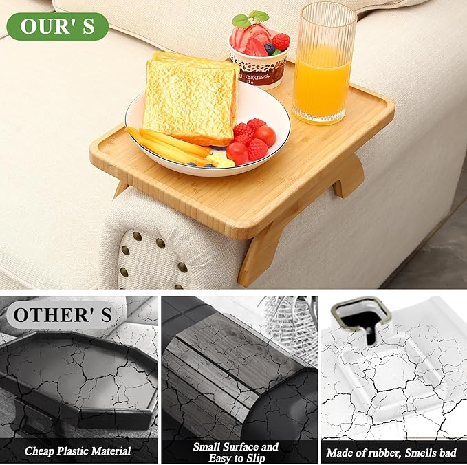 SINWANT Couch Arm Table Tray, Bamboo Sofa Arm Clip on Side Tables, Foldable Arm Rest Table for Home, Couch Arm Tray for Small Spaces Drink Eating Dinner