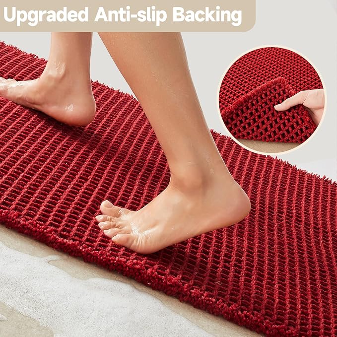 Waffle Runner Rug Bathroom, Long Boho Bathroom Rugs Non Slip Washable Super Absorbent Quick Dry Farmhouse Bath Decor, 60"x24" Burgundy