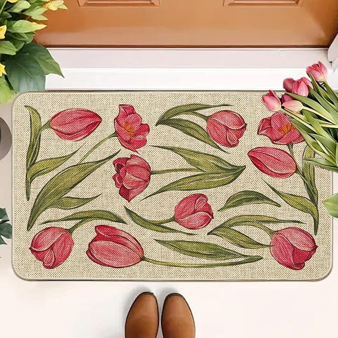 Welcome Spring Door Mat Tulip Flowers Doormat Indoor Outdoor Entrance Summer Decor Outdoor Rug Low-Profile Floor Rug Non Slip Spring Summer Decor Rubber Mats for Home Decoration 17x29Inch