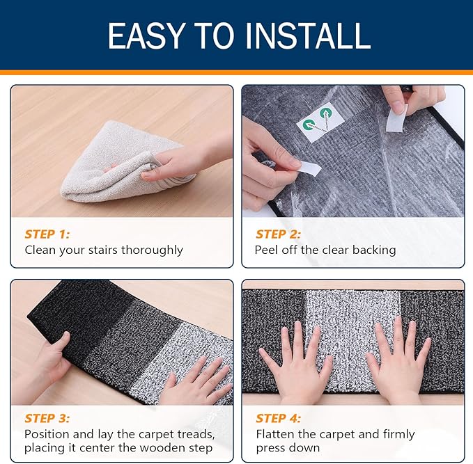 OLANLY Stair Treads Non Slip 4PCS, 8" x 30" Indoor Stair Runners for Wooden Steps, Edging Stair Rugs with Reusable Peel and Stick Adhesive for Kids Elders and Pets, Black