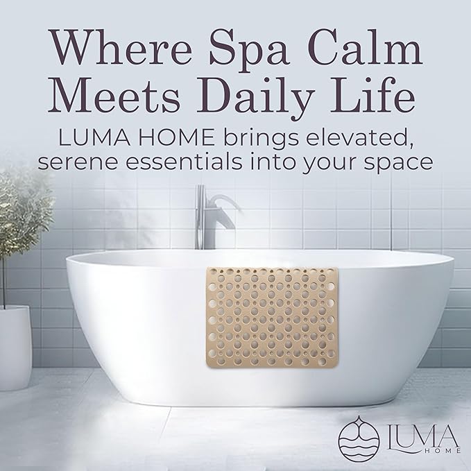 Non Slip Bathtub Mat and Shower Mat Beige TPE Strong Suction Cups Aesthetic Bath Mat for Inside Shower with Soft Texture, Quick-Dry Drain Holes, Spa-Inspired Design 30x17” (75x43 cm)