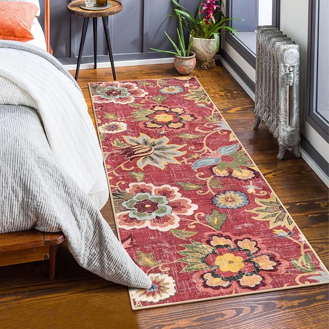 Beeiva Floral Washable Runner Rug 2x6, Red Christmas Runners Rug for Hallway with Rubber Backing, Ultra Thin Vintage Non Skid Washable Carpet for Bedroom Entrway Laundry Room