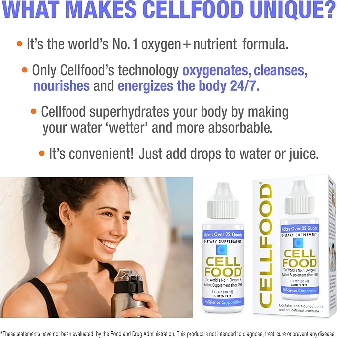 Cellfood Oxygen Boost, 1 fl oz - Liquid Oxygen Supplement for Lymphatic Drainage, Altitude Sickness, Jet Lag, Fatigue, Headaches, Hangovers & Energy - Gluten Free, Cert. Kosher - Makes Over 22 Quarts