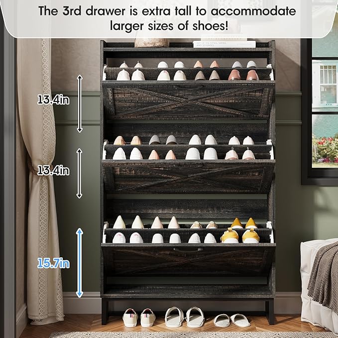 Maupvit Shoe Storage Cabinet with 3 Flip Drawers, Freestanding Organizer with Metal Legs for Entryway, Narrow Shoe Rack Cabinet, Dark Rustic Oak