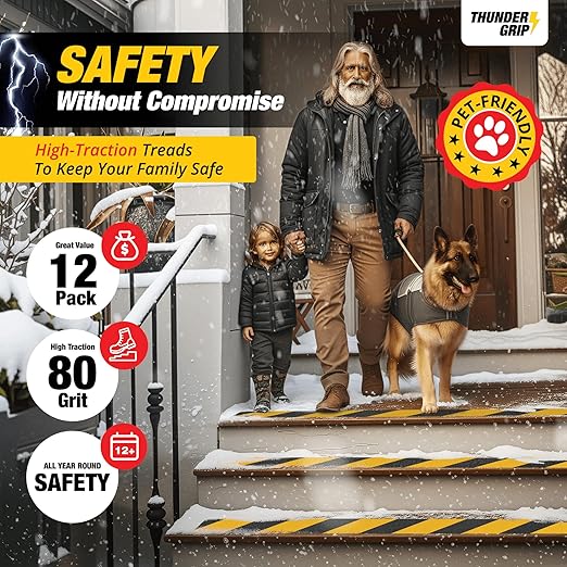 Black and Yellow Non Slip Strips for Steps 30" x 4" 12-Pack Outdoor Stair Treads - Waterproof Anti Slip Grip Tape for Safety Walk - Strong Adhesive Caution Tape for Floor and Ramps by Thunder Grip
