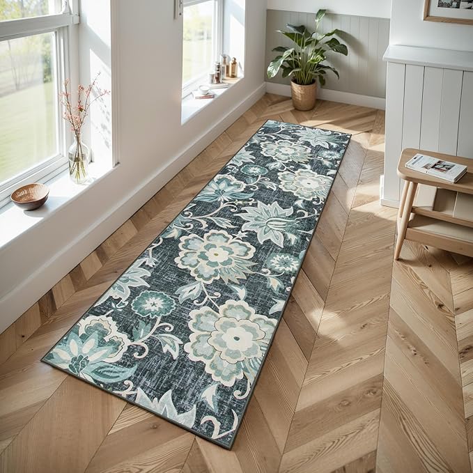 Beeiva Floral Kitchen Runner Rug, 2.5x10 Runner Rug Vintage Blue Rug Runners for Hallways, Kitchen Rugs Non Slip Washable Paisley Stair Print Runner Carpet for Entryway Laundry Room