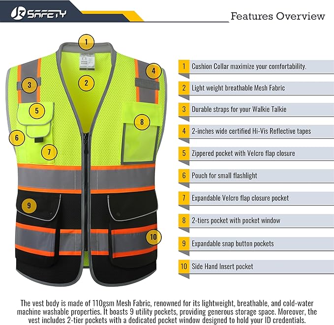JKSafety 9 Pockets Class 2 Hi-Vis Safety Vest High Visibility Reflecitive Mesh Safety Vests for Men and Women Cushioned Collar Work Utility PPE Work Gear ANSI/ISEA compliant (101-YBlack M)