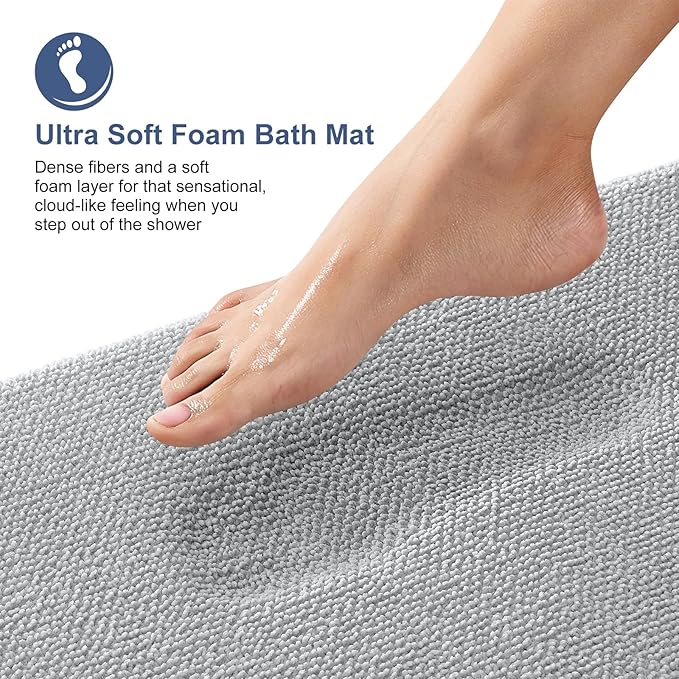 OLANLY Thick Memory Foam Bath Mat Rug 34x21, Extra Soft Absorbent Bathroom Rug, Quick Dry Bath Mats, Non-Slip, Machine Washable Carpet for Bathroom, Tub and Shower, Home Decor Accessories, Light Grey