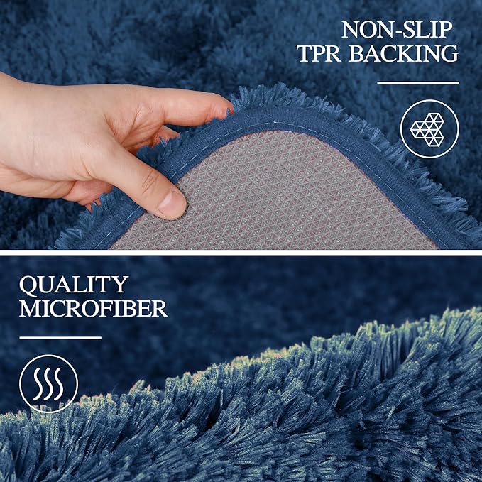 Walensee Bath Mat, Navy, 20 x 32, Non Slip, High Pile, Microfiber, Shag Rug, Machine Washable, Water Absorbent, Soft, Thick Plush, Bathroom