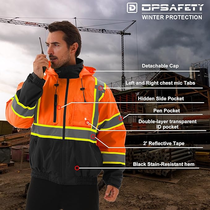 Hi Vis Safety jacket for men,Reflective high Visibility Hooded jacket,Work Bomber Jacket with Pockets and Zipper,Waterproof,ANSI Class 3 Black Bottom Tangerine,6XL