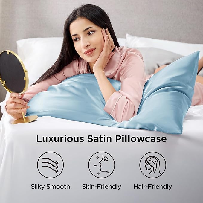 Bedsure Satin Pillowcase 2 Pack Similar to Silk Pillow Cases Standard Size, Pillow Case for Sleeping Women with Envelope Closure, Gifts for Women Men, Aqua, 20x26 Inches, 2pcs