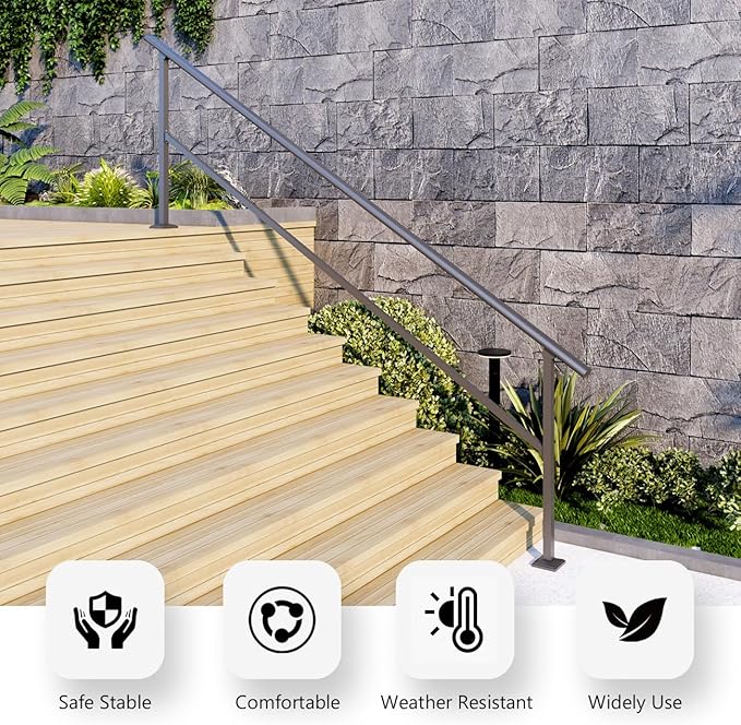 DIYHD 10 Step Handrail for Outdoor,Powder Coated Iron Stair Railing,Black Hand Rails for Indoor, Porch,Deck,1 Pack