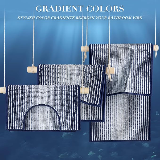 BSICPRO Bathroom Rugs Sets 3 Piece, Toilet Rugs U-Shaped Contour Bath Mat Set, Large Striped Non Slip Absorbent Chenille Shower Mat, Navy Blue