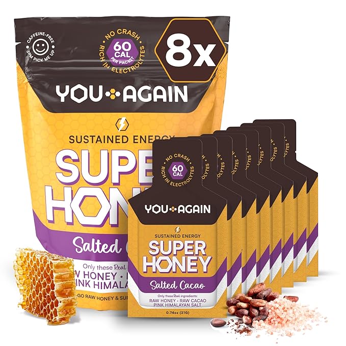 You Again Super Honey Clean Energy Gel, Himalayan Salted Chocolate | Electrolyte Replenishment Running Fuel | Endurance Workouts & Cycling Gel | Paleo & Carnivore Snack | Gluten-Free | 8-Pack